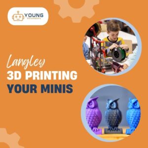 A kid working beside a 3D printer and some 3D-printed owls.