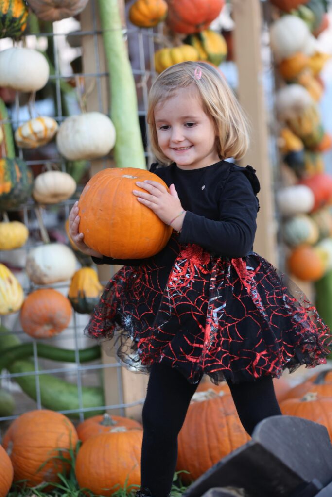 Girl holding a pumpkin and smiling.